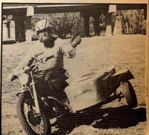 "Flying the Chair" on the flat flood plain near the Mitchel River in Bairnsdale close to my home at the time of this epic journey. (Picture from Two Wheels magazine April 1973.)