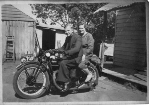 My mother Wenche Smith rides pillion behind her brother Ottar Abrahmsen on his 1938 Calthorpe