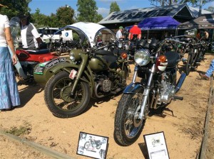 My own bike, the Army green 1962 Chang Jiang provides great contrast to the shiny 1960s Triumph next to it.