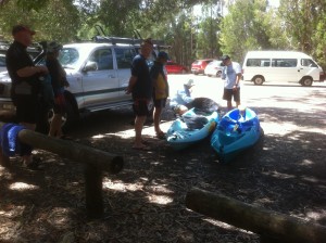 The kayaks were unloaded from the car.