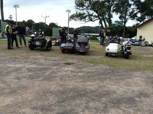 Looking from the rear, the army green outfit on the left is my 1962 Chang Jiang which was one of three left-hand-drive sidecars on the rally. In the centre is a grey Honda Gold Wing outfit. On the right is a white Kawasaki with a DJP Tourer sidecar which was designed by me with Dave Pearce in 1973. This one had been modified considerably since it was first built four decades ago.