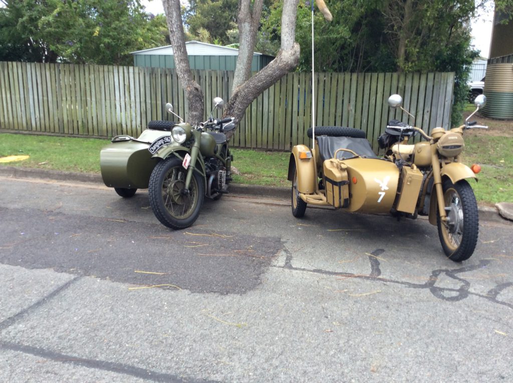 Two left-hand-drive sidecars: my Chang Jiang and Yvonne's Dnepr.